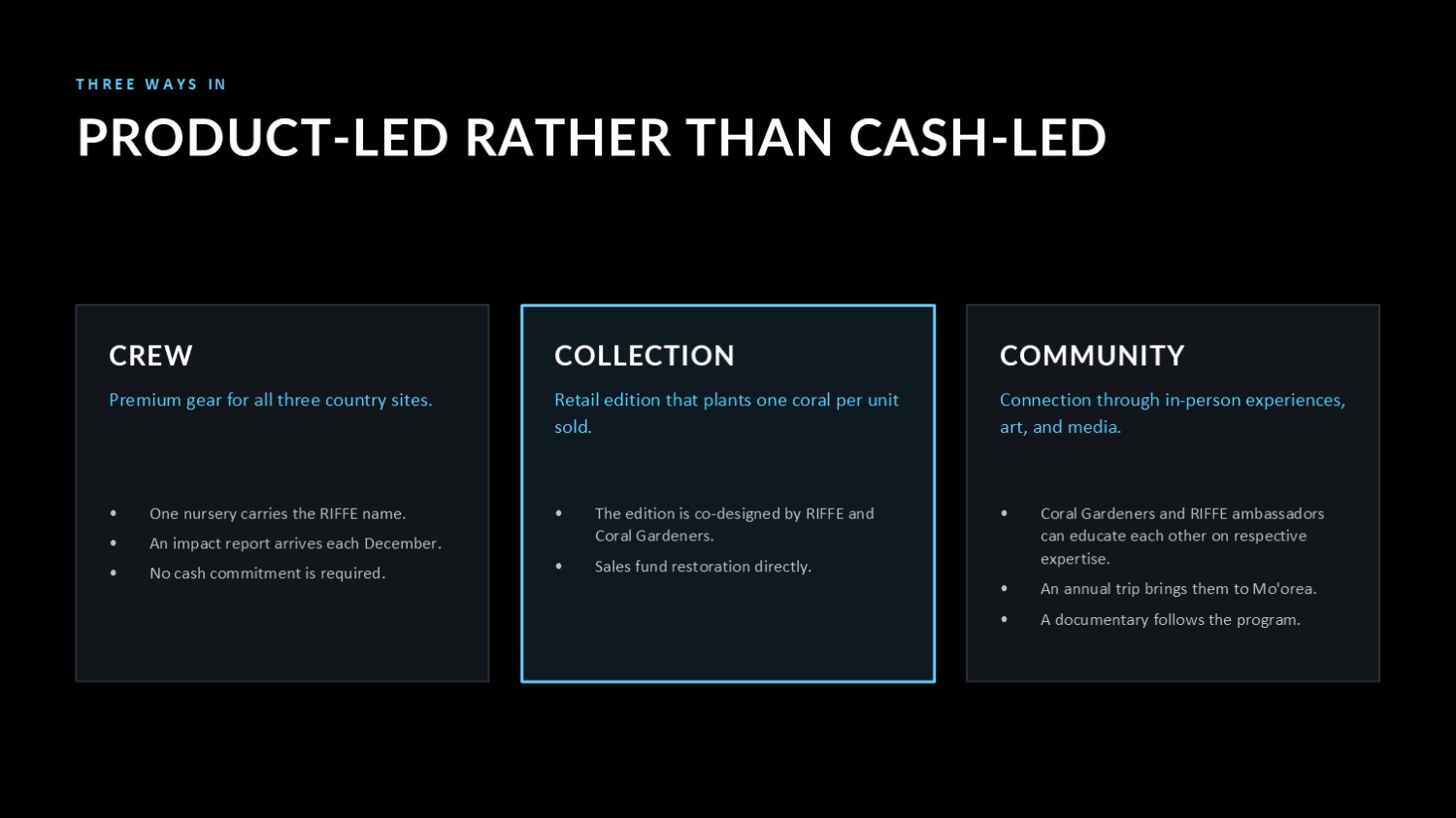 Three ways in, product-led rather than cash-led
